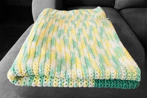 ￼ Vintage￼ Hand Knit Crochet Blanket Throw  Colorful 66x37 Lime green & Yellow - Picture 1 of 6