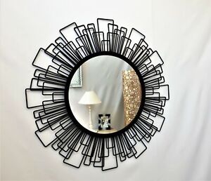 Large Metal Wire Frame Round Wall Mirror Black Geometric Art Accent Retro 80cm
