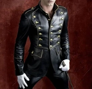 New Mens Simple Military Style Black Leather Coat, men combat coat,Männer Mantel - Picture 1 of 3