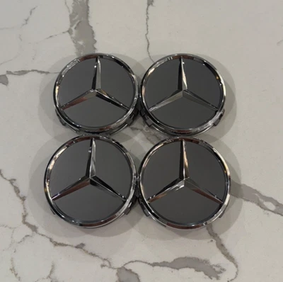 SET OF 4 Mercedes Benz grey & Chrome 75MM Wheel Rim Center Hub Caps logo gray - Image 1 of 4