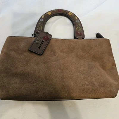 Bolso de Mano Reliquia Marrón Imitación Gamuza y Cuero Superior Doble Asas Curvas Bordadas Foto 1 de 4