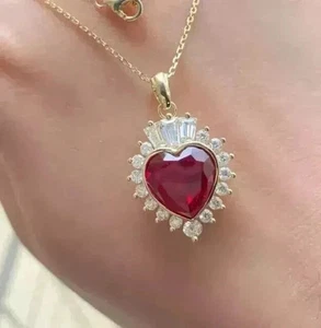 2Ct Heart Cut Lab Created Red Ruby Halo Women's Pendant 14k Yellow Gold Plated - Picture 1 of 8