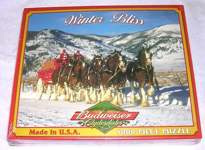 NEW 2011 HTF Winter Bliss Clydesdale Horses Budweiser Wagon Beer 1000 Pc Puzzle - Image 1 of 4
