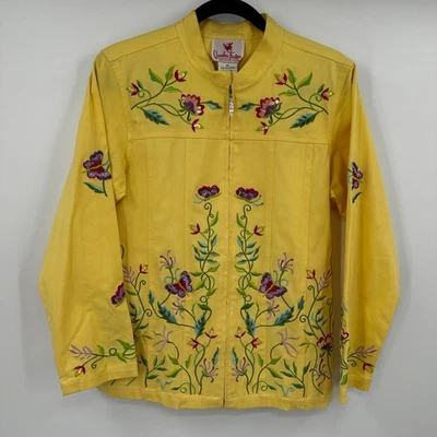 Quacker Factory Yellow Embroidered Butterfly Floral Zip Up Jacket Women's M - Image 1 of 4