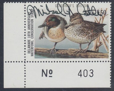 US Delaware State Duck Stamp #11a $5+$50 Governor Edition Plate # Single, XF NH - Image 1 of 2