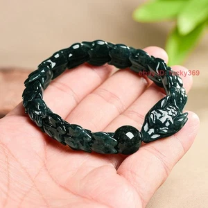 Zertifiziert Klasse A natürliche Burma Jade Jadeit Schnitzerei Sternzeichen Drache Armband 7,5" - Bild 1 von 8