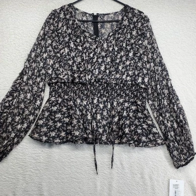 Top para mujer Mikael Aghal grande 14 negro floral metálico volantes románticos Foto 1 de 4