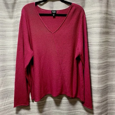 EILEEN FISHER 真丝平淡毛衣 XL 上衣 V 领长袖套衫粉色休闲 — 第 1/4 张图片