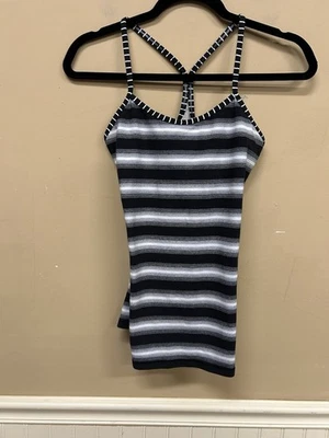 Camiseta sin mangas Lululemon dañada para mujer talla 6 Power Y Luon negra blanca a rayas Foto 1 de 4
