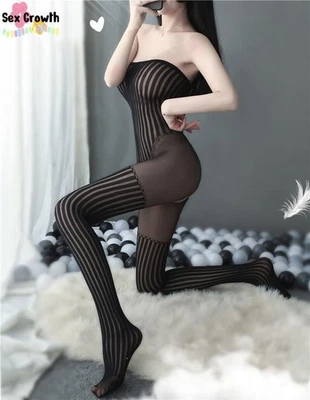 Striated Suspender Body Stocking Bodysuit Fishnet Babydoll Sleepwear Lingerie - Image 1 of 4
