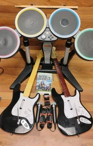 Xbox 360 Rock Band 2 Bundle - 2 Wireless Guitars 2 Mics Drums Pedal Game + More! - Photo 1/24