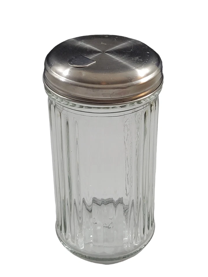 Agitador de azúcar de vidrio acanalado transparente Anchor Hocking tapa de acero inoxidable Foto 1 de 4