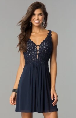 Faviana Navy Sleeveless Short Lace A-Line Mesh Chiffon Short Dress New Size 8 - Image 1 of 4