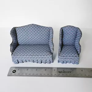 1:12 dollhouse 2 piece living room set - blue sofa and chair - Picture 1 of 5
