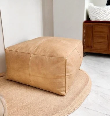 Moroccan Square Tan Leather Pouf – Handmade Ottoman Footstool – Genuine Leather, - Image 1 of 2