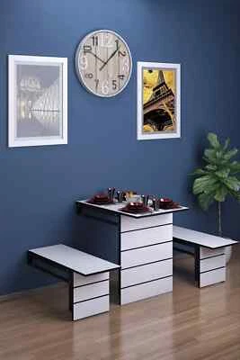 Folding Table & Benches Wall Mounted Space Saving Foldable Dining Kitchen Table - Image 1 of 3