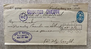 1953 BANK OF MONTREAL Large Counter Cheque Bank Stamp Pall Mall LONDON ENGLAND - Picture 1 of 5