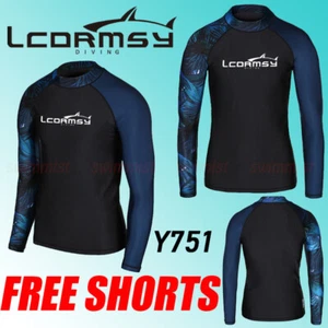 MEN'S RASH GUARD BEACH LONG SLEEVE SURF WETSUIT SWIM TOP SHIRTS Y751+FREE SHORTS - Picture 1 of 3