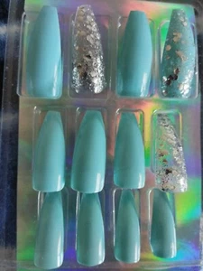 Ballerina Coffin Stiletto Long Pale Blue "Pale Kiss" Artificial Nail Tips - Picture 1 of 4