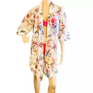 Floral Chiffon Kimono Cardigan Women's Sz XL Top Swim Cover-Up Lightweight - Picture 1 of 7