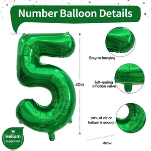 40 Inch Dark Green 5 Number Balloons Large Foil Self Inflating 5th Birthday N... - Picture 1 of 9