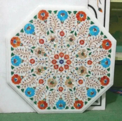 Handmade White Marble Table Countertop Precious Inlay Stone Console Furniture - Image 1 of 4