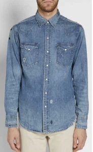 $248 Polo Ralph Lauren X-Small Western Shirt Blue VTG Rodeo Cowboy Ripped Repair - Picture 1 of 7