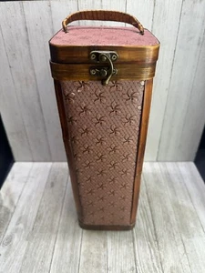 Vtg Wine Single Bottle Holder Box Hinged Wood and Vinyl Pink Floral 13.75'' Tall - Picture 1 of 10