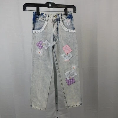 Pantalones de mezclilla vintage de los 80 Zing Jeanswear para niñas con apliques lavados con ácido parche de encaje #7063 Foto 1 de 4
