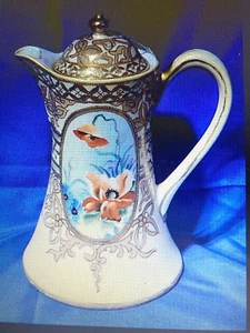 Nippon Hand Painted Floral Chocolate / Tea Pot with heavy raised Gold Design - Picture 1 of 4