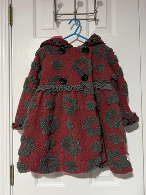 Boutique Niño Niña 4T Rojo Rosa Gris Invierno Giro Chaqueta Flores Con Capucha Vellón Foto 1 de 4