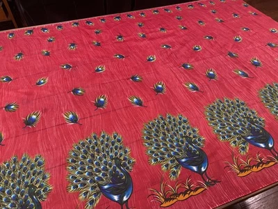 VTG Peacock Border with Feathers Red Sheer Fabric Remnant 2 Yards + 1 Yard READ - Image 1 of 4