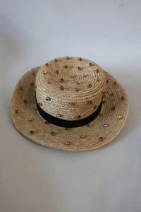 Womens Bloomingdale's Natural Multicolor Rhinestone Straw Hat OS - Picture 1 of 5