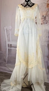 VTG 80’s USA Alfred Angelo White Nylon Blend Ivory Floral Laced Wedding Dress XS - Picture 1 of 19