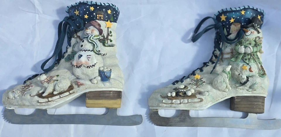 Vintage Pair 2 Wall DECOR ICE SKATES Winter 3D Snowman Polar Bear  Resin Planter - Image 1 of 4