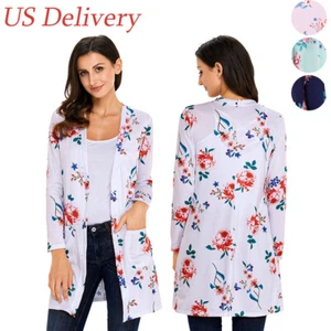 Flower Print Cotton Long Sleeve Womens Cardigan Kimono Jacket Coat Blouse Tops - Picture 1 of 32