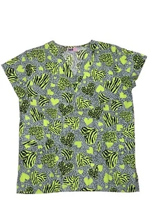 Womens Fashion Medical Nursing Scrub Tops Printed Neon Green Heart Gray Dots S - Picture 1 of 2