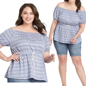 LANE BRYANT Off Shoulder Convertible Blouse Peplum Top Striped Blue Plus 18 - Picture 1 of 10
