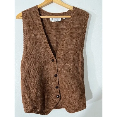 Vintage Ellen Tracy Hand Knit Wool Vest Brown Geometric Sweater. - Image 1 of 4