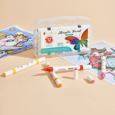 12 Color Acrylic Double Tipped Brush & Fine Markers Paint Drawing Pens Kids Gift - image 1 of 4