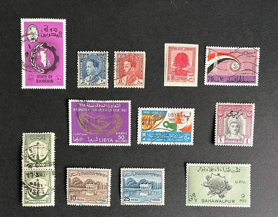 Bahrain, Iraq, Lebanon, Libya, Pakistan used/MH from old album, mixed condition. - Image 1 of 1