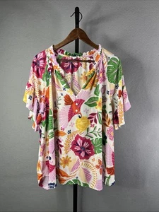 Top Cynthia Rowley para mujer 3X floral aleteo manga corta tropical cuello en V volantes - Imagen 1 de 8