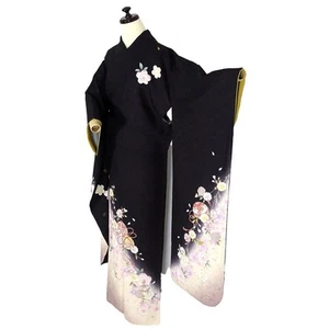 Furisode Kimono Pure Silk Black Yellow Pink Cherry Blossom Bell M Size - Picture 1 of 9