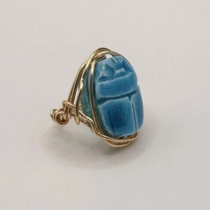 Vintage Ring goldfarben blauer Stein Rock Skarabäus Größe 5,25 5 ägyptischer Pharao - Bild 1 von 11