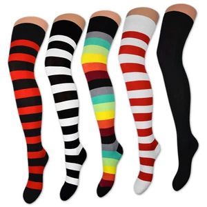 2 Paar Overknee Strümpfe Damen Kniestrümpfe Schwarz Bunt Ringel Baumwolle - Bild 1 von 11