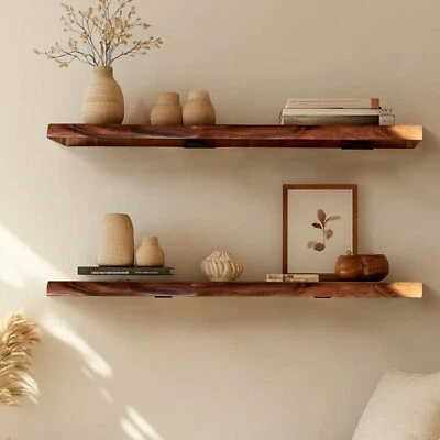 Rustic Acacia Natural Edge Floating Shelf with Brackets - Image 1 of 4
