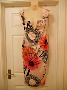 New Diva Dress Size 14 Unusual Floral Paisley Print Low Cut Pencil Skirt Party - Picture 1 of 7