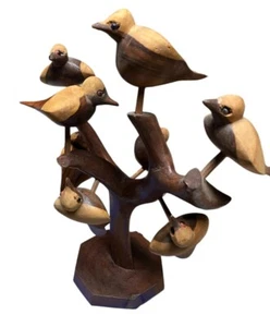 VINTAGE FOLK ART DANISH HAND CARVED WOOD BIRDS IN A TREE SCULPTURE 8 BIRDS - Picture 1 of 7