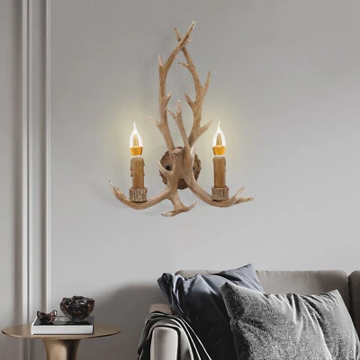 Vintage Resin Antler Wall Light Fixture Retro Deer Horn Sconce Lamp Home Decor - Image 1 of 4