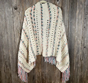 NEW Cream Green Coral Knit Shawl Wrap Eyelet Scarf Boho Hippie Chunky Handmade - Picture 1 of 7